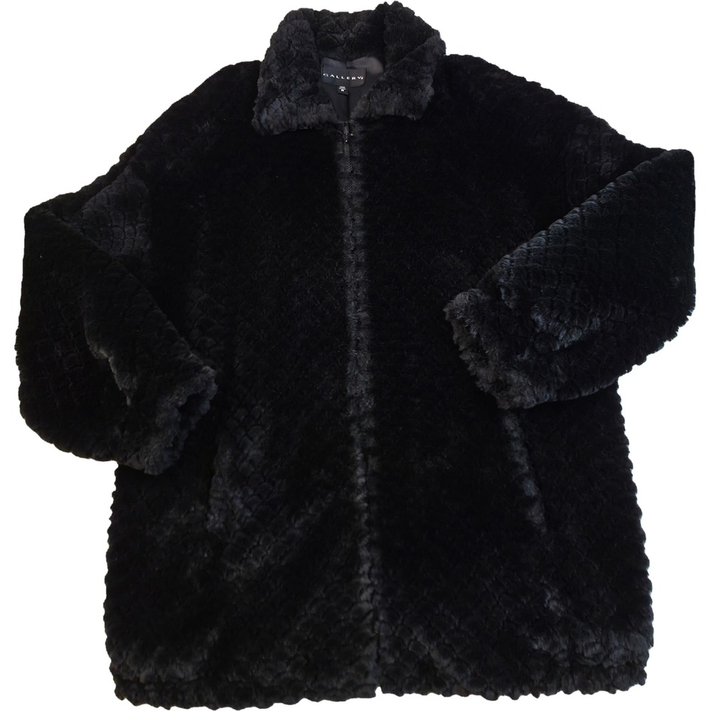 Gallery Faux Fur Jacket Women M Black Textured Zip Up Coat Made in USA